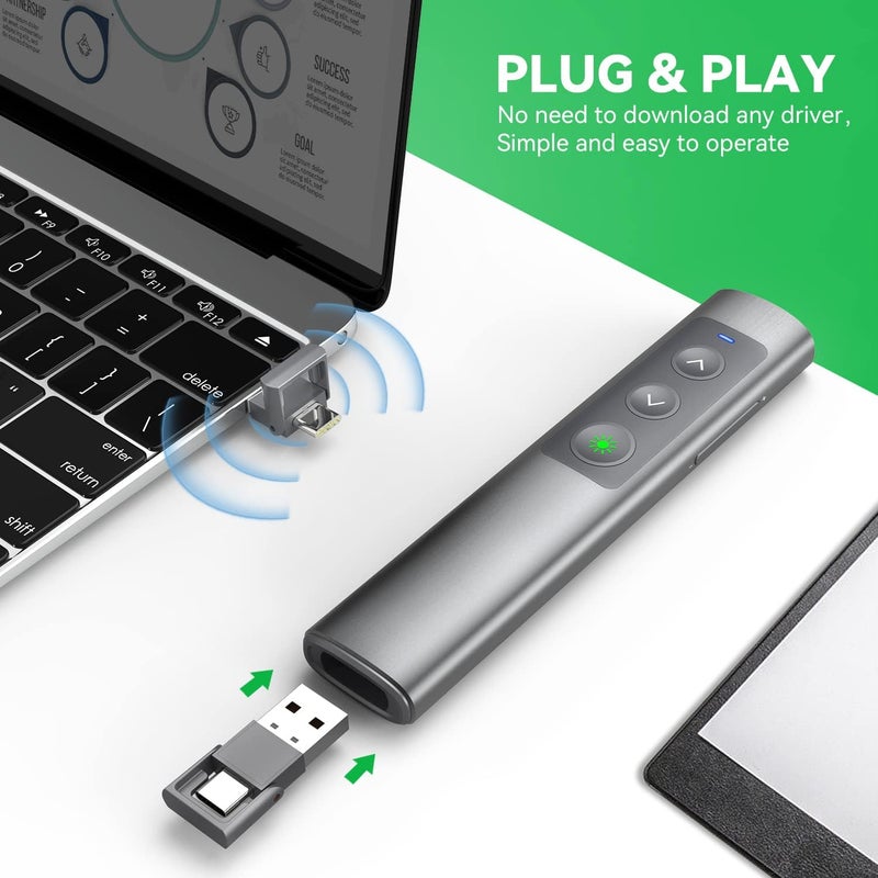 PPTSLID Metallic Presentation Clicker Presenter Remote - Rechargeable Wireless Presenter with Green Laser Pointer, 2 in 1 USB Clicker for PowerPoint & Google Slides, Compatible with MacBook/PC - Image 5